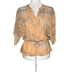 Banana Republic S 100% Silk Blouse Semi Sheer Cinch Waist Tie Peplum Beachy